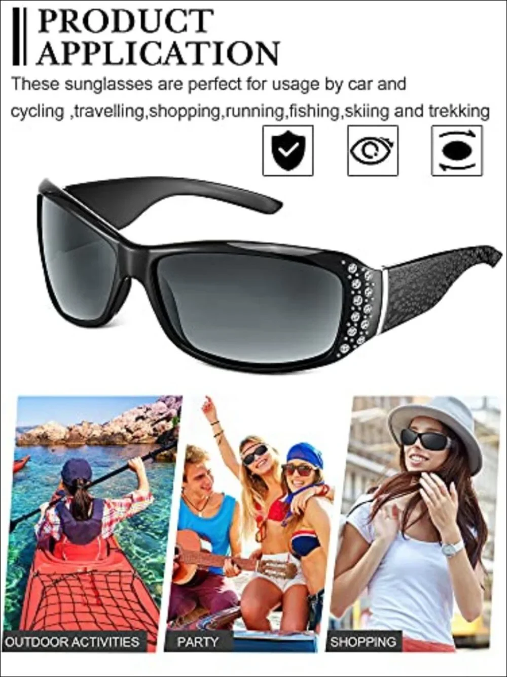 Rhinestone Wrap Around Sunglasses 3 Pairs Retro Oversized UV400 Bling